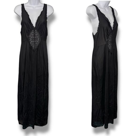 VTG Vassarette Long Nightgown Slip Size Medium Black Lace Panel Sexy Classic USA - Picture 1 of 8